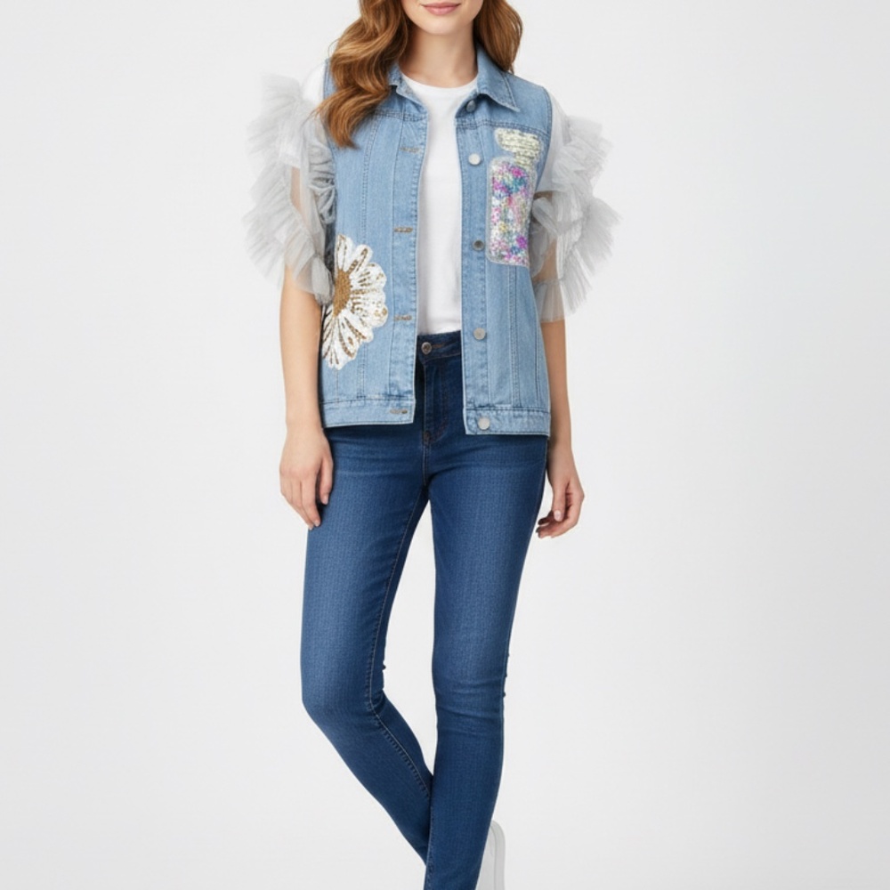#A129  N By Nancy  Denim Vest  cottagecore  Ruffled Organza Sleeves  NWT  L - Picture 2 of 13